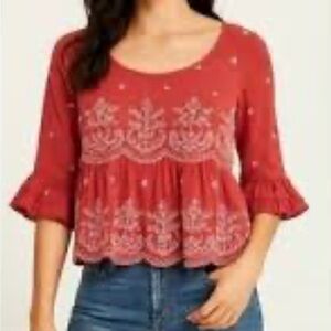 American Eagle Outfitters red Embroidered Boho Top. Size Small